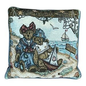 Boyds Bears Boat Ocean Live Tapestry Throw Pillow Blue Teddy 15” X 15” Vintage